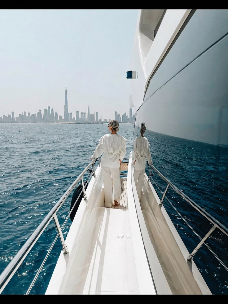 Luxury yacht cruising along the Dubai coastline
